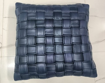 GEWEBTER Lederkissenbezug, dunkelblauer gestrickter Lederkissenbezug, GEWEBTER Lederkissenbezug, quadratisches gewebtes Kissen - Einweihungsgeschenk