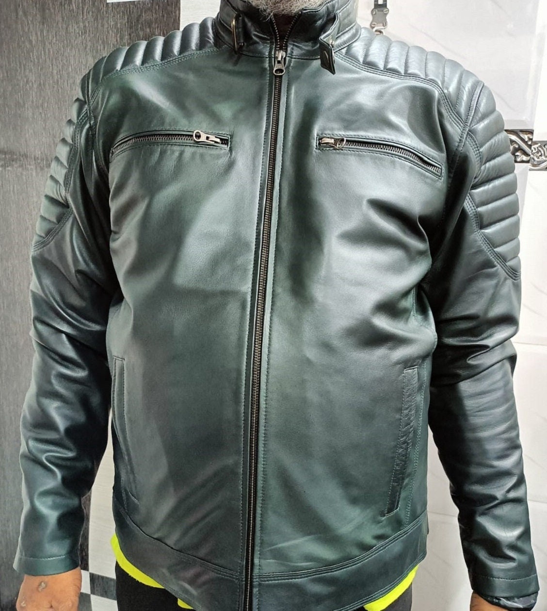 Men's Lambskin GREEN Leather Motorcycle Jacket | Real Leather QUILTED MOTORBIKER Jacket | Slim Fit Stylish Party Wear Winter Jacket