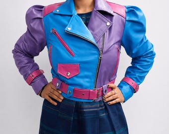 Color Block LEATHER BIKER JACKET : Lavender, Pink, Blue, Puff Sleeve, Women's Multicolor Motorcycle Real Sheepskin Jacket, Streetwear Outfit