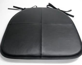 Black Lambskin LEATHER CHAIR PAD with Ties |  Tolix Style Chair Pad | Dining seat pad home | Round Edge Dining Seat Cushion Lambskin Leather