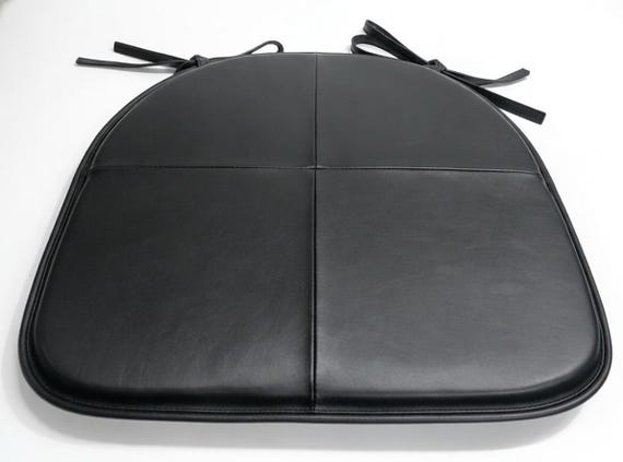 Black Lambskin LEATHER CHAIR PAD with Ties |  Tolix Style Chair Pad | Dining seat pad home | Round Edge Dining Seat Cushion Lambskin Leather