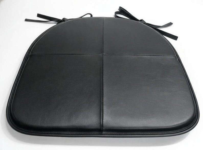 Black Lambskin LEATHER CHAIR PAD with Ties | Tolix Style Chair Pad | Dining seat pad home | Round Edge Dining Seat Cushion Lambskin Leather image 1