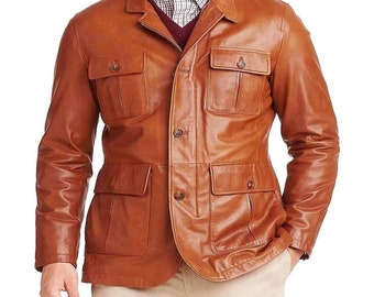 Mens Real Lambskin Leather Blazer MANGO Tan, Handmade FORMAL Leather Blazer, Slim Fit Wedding Blazer Coat, Celebrity BLAZER Gift For Husband