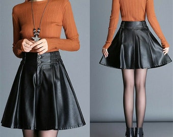 Falda de piel de cordero para mujer, falda skater plisada, minifalda de cuero, falda de corte A, cintura elástica - Falda de cuero con banda