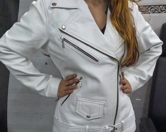 Womens Lambskin WHITE Leather Jacket, Stylish Leather Moto Biker Jacket, BRIDE Wedding Leather Coat Gift For Her, MOVIE Date Beautiful Look