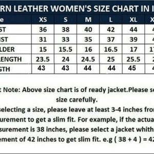 May include: A size chart for a jacket with a dark blue header titled WESTERN LEATHER SIZE CHART IN INCHES. It lists measurements for bust, waist, shoulder, sleeve length, and length in inches for sizes XS to XXXL, with notes on fit and sizing.