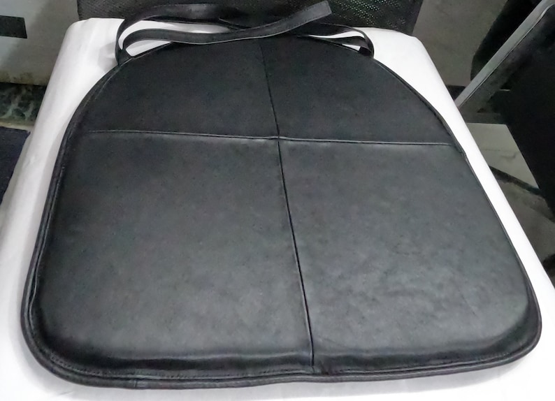 Black Lambskin LEATHER CHAIR PAD with Ties | Tolix Style Chair Pad | Dining seat pad home | Round Edge Dining Seat Cushion Lambskin Leather image 5
