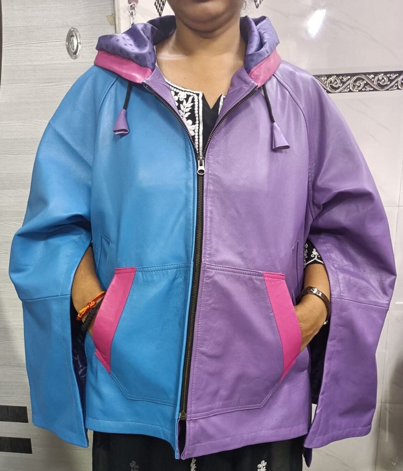 Women lambskin leather poncho cape coat. Multi-color Long blue and pink jacket design.