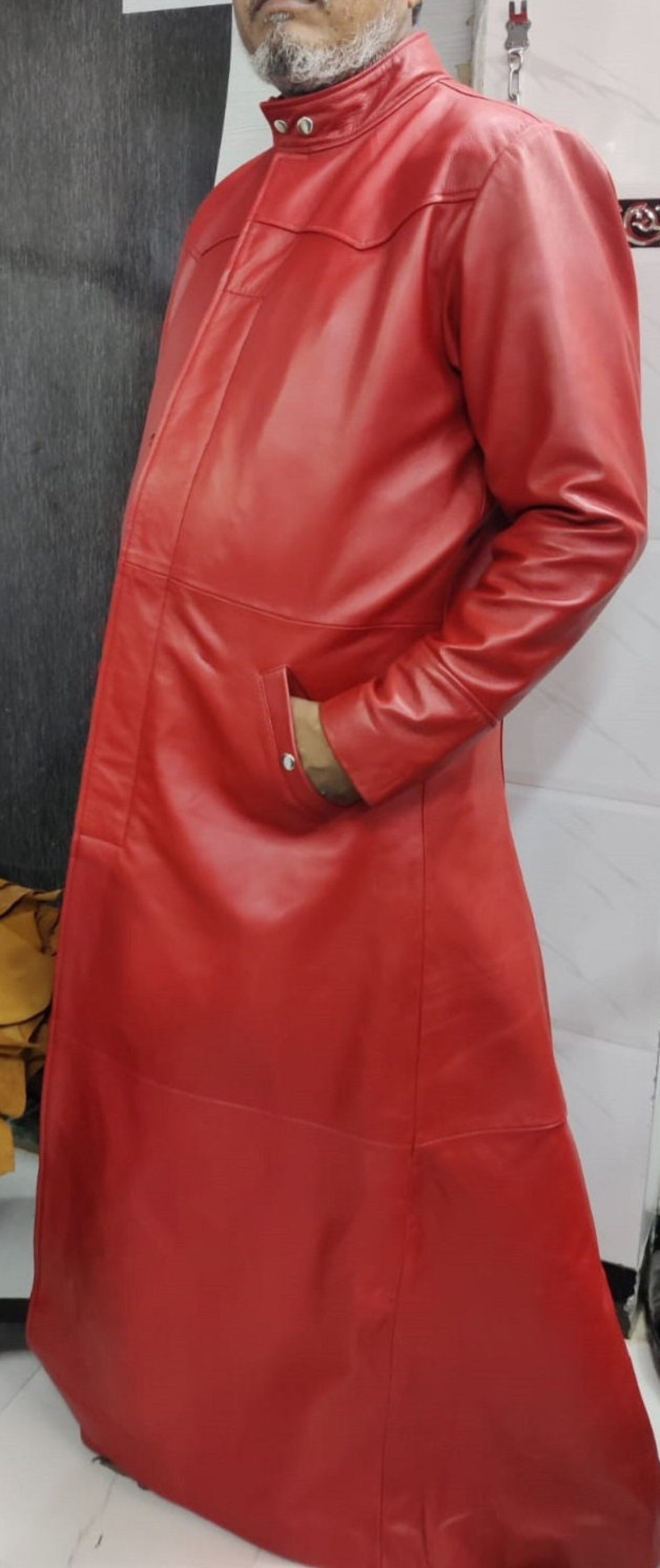 Mens Lambskin Red Leather Trench Coat Classic Trench Coat Celebrity