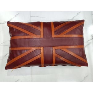 Maroon & Tan Rectangle Lambskin Leather Cushion Cover, Inspired by Union Jack BRITISH FLAG Style LEATHER Pillow Cover - Housewarming Gift