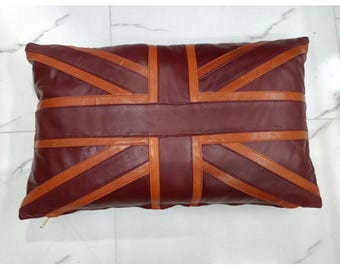 Kastanienbrauner rechteckiger Lammfell-Lederkissenbezug, inspiriert von Union Jack LEDERKissenbezug im BRITISH FLAGGE Style - Einweihungsgeschenk