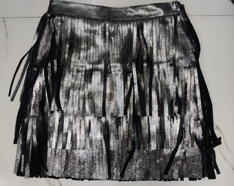 Layered FRINGE Leather Skirt, Black GLITTER Leather Skirt, A Line Skirt, TIERED Fringe Detailing, Gothic Skirt for Ladies, Made to Measure