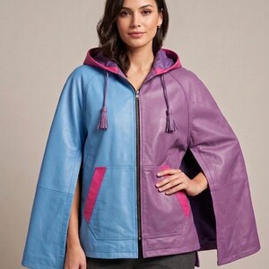 Women lambskin leather poncho cape coat. Multi-color Long blue and pink jacket design.