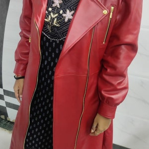 RED Leather Trench Coat | Puff Sleeves Leather Trench Coat | Long Winter Trench Coat | Red Leather Princess Coat | Flare Leather Dress | image 7