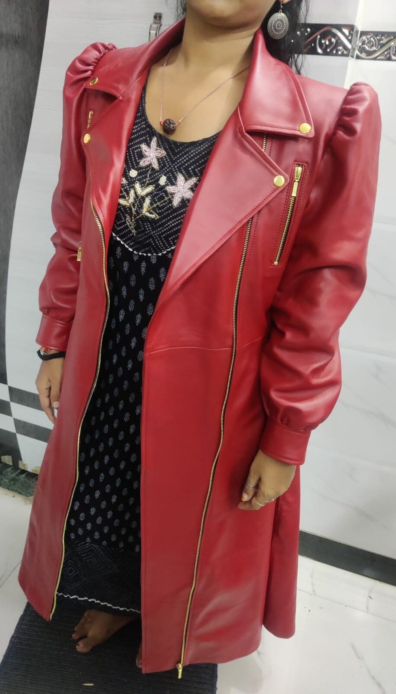 RED Leather Trench Coat | Puff Sleeves Leather Trench Coat | Long Winter Trench Coat | Red Leather Princess Coat | Flare Leather Dress | image 7