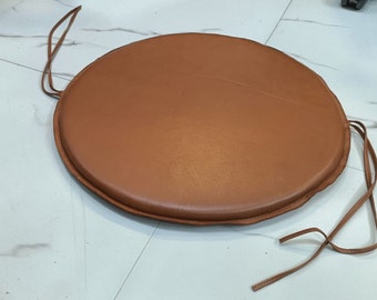 Genuine Sheepskin TAN Leather Round Chair Pad With Ties | Dining Seat Pad For Home & Office | Rounded Shape Chair Pad | Living Room Decor