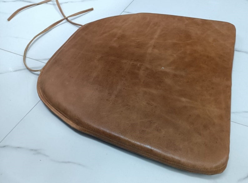 Lambskin Leather Tan BROWN ROUND EDGE Chair Pad Dining Seat Pad for Home and Office Dine Leather Chair Cushion Tolix Style Chair Pad image 7