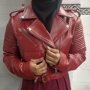 Womens RED Biker Leather Jacket, Motorcycle Style Crop Real Leather Jackets, SHORT Quilted Lambskin Leather Jacket, Designer CROPPED Jackets