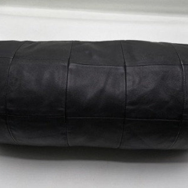 PATCHWORK Lambskin Leather BLACK BOLSTER Pillow Cover | Stylish Scatter Round Bolster Cover For Home & Office | Neck Roll Pillow Case