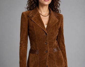 Women's BROWN Suede Leather BLAZER, Vintage Suede Leather COAT For Formal Events, Stylish Western Outfit, Royal Luxury Blazer Coat-dress