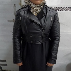 Women BLACK Leather BIKER JACKET | Casual Cropped Jacket | Crop Moto Jacket | Gift For Her | Long Sleeves Jacket | Special Gift for Her |