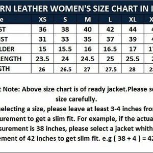 May include: A size chart for a jacket with a dark blue header titled WESTERN LEATHER SIZE CHART IN INCHES. It lists measurements for bust, waist, shoulder, sleeve length, and total length across sizes XS to XXXL in inches, with fitting instructions.
