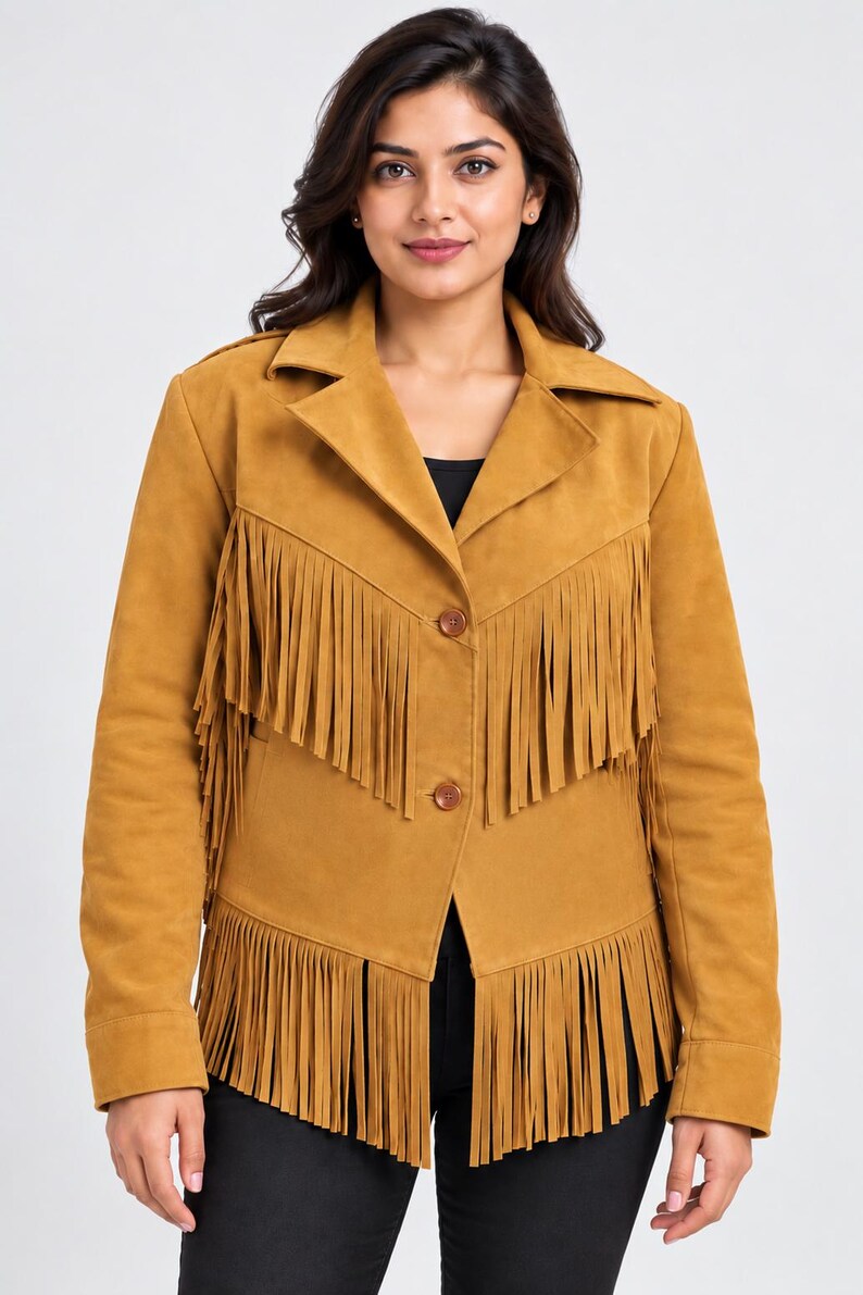 May include: A mustard yellow jacket featuring long fringe detailing across the chest and hemline. The jacket has a classic collar, long sleeves, and a two-button front closure. The material has a smooth, matte texture throughout the garment.