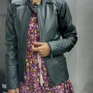 100% Real New Ladies Lambskin Leather Women Classic Jacket Biker Motorcycle Slim Fit Dark Green Craft Leather Jacket Christmas Jacket