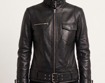 Chaqueta de cuero negra para mujer / Chaqueta de motociclista para mujer / Chaqueta motera para mujer / Piel de cordero auténtica / Chaqueta de cuero para mujer / Diseño ajustado / Regalo de cumpleaños