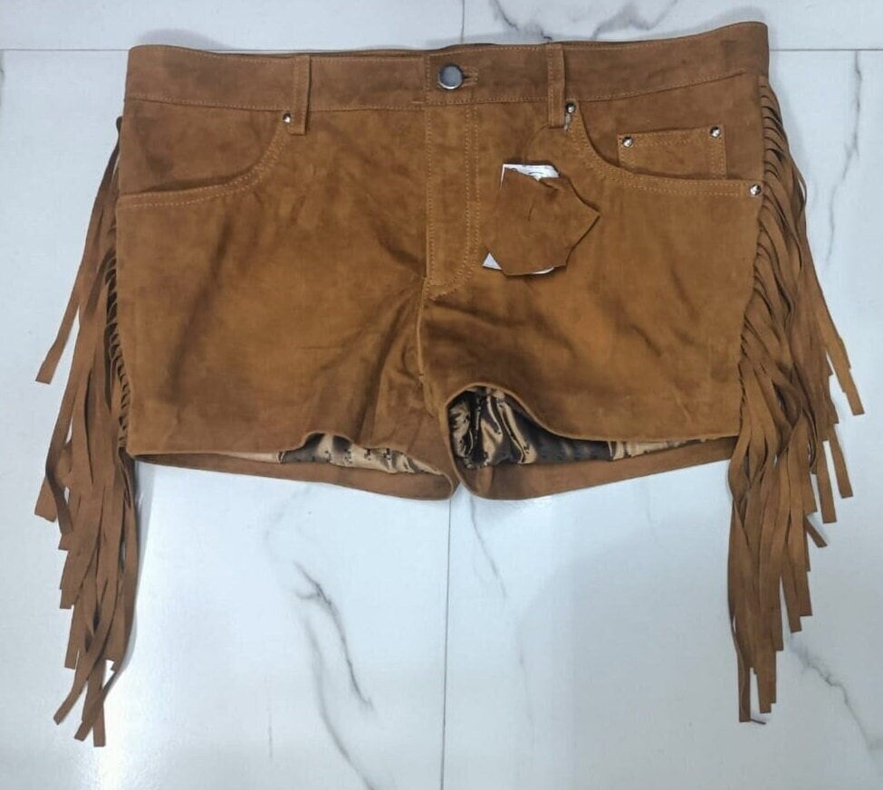 SUEDE LEATHER SHORTS Women Tan Brown| Fringe Leather Nicker & Short| Leather Mini Cropped Bike Fringe Suede Shorts  Leather Lingerie -  Tan