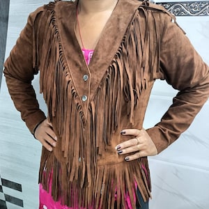 Genuine Lambskin SUEDE BROWN Leather FRINGE Jacket | Women Suede Tassel western Fashion Jacket | Cowgirl Jacket |  Easter Gift for her.