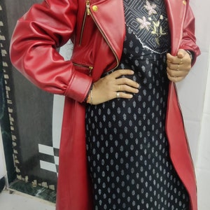 RED Leather Trench Coat | Puff Sleeves Leather Trench Coat | Long Winter Trench Coat | Red Leather Princess Coat | Flare Leather Dress | image 8