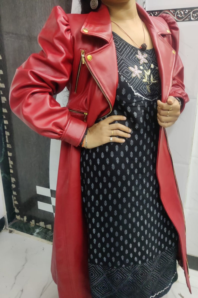 RED Leather Trench Coat | Puff Sleeves Leather Trench Coat | Long Winter Trench Coat | Red Leather Princess Coat | Flare Leather Dress | image 8