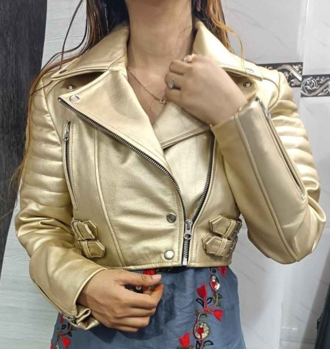 Women Lambskin Gold CROPPED Leather Jacket Motor Bolero SHRUG