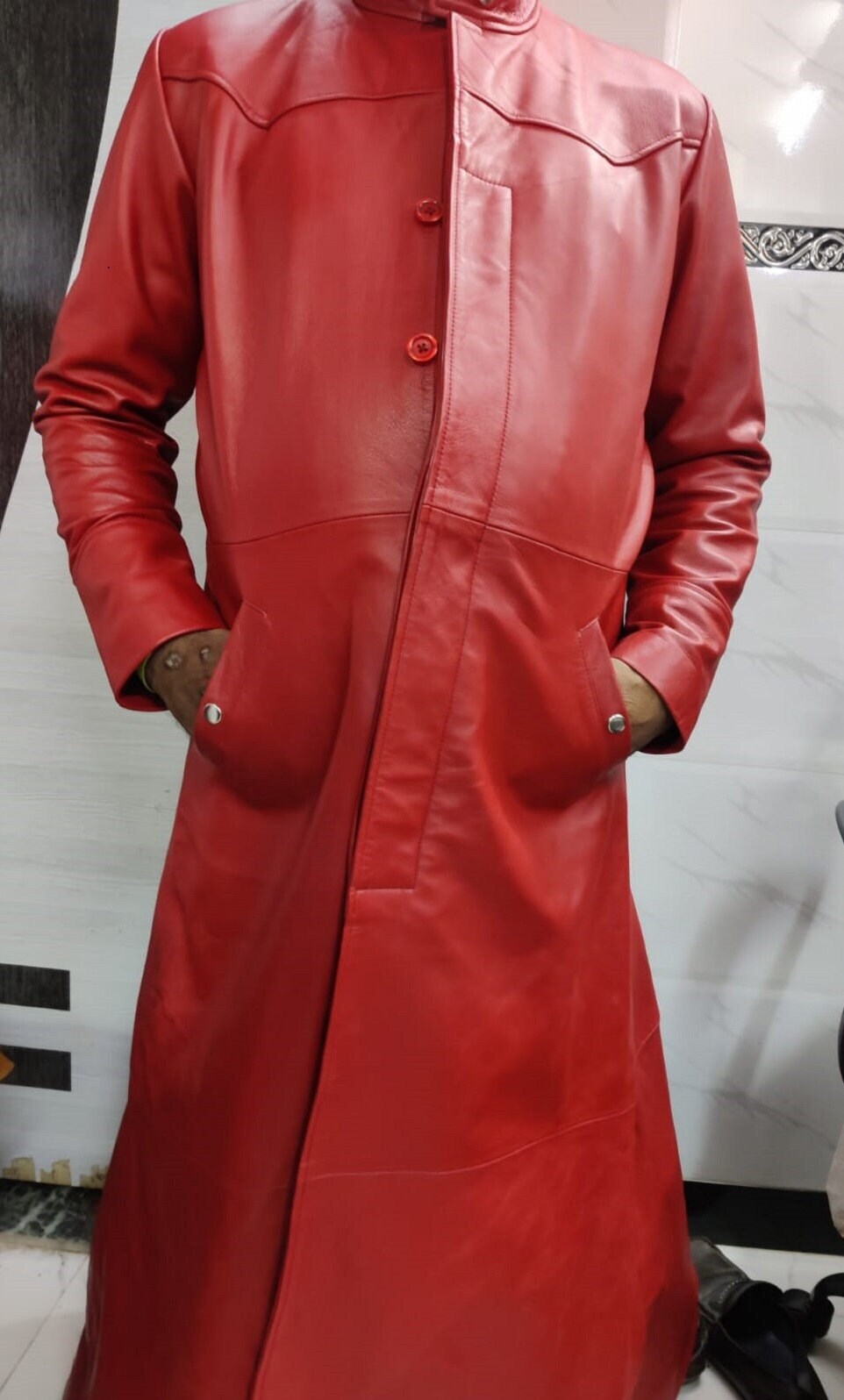 Mens Lambskin Red Leather Trench Coat Classic Trench Coat Celebrity