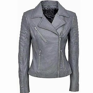 Womens GREY Real Lambskin Leather Biker Jacket, Stylish Motorcycle Slim fit Leather Jackets, Clubbing Jacket for Movie Date, Gift For Winter