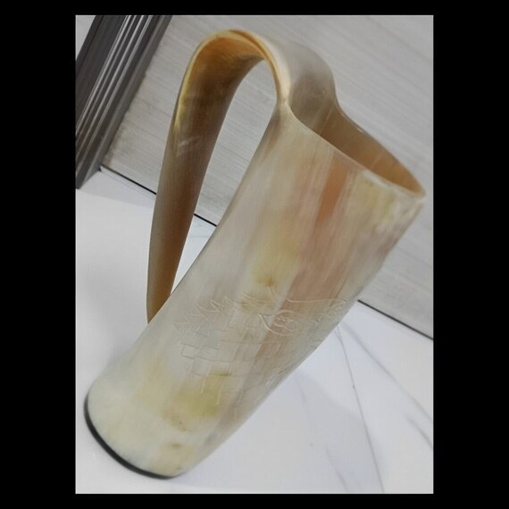 Authentic Viking Drinking Horn | Wolf Carved Mead Horn With Stand - View #2
