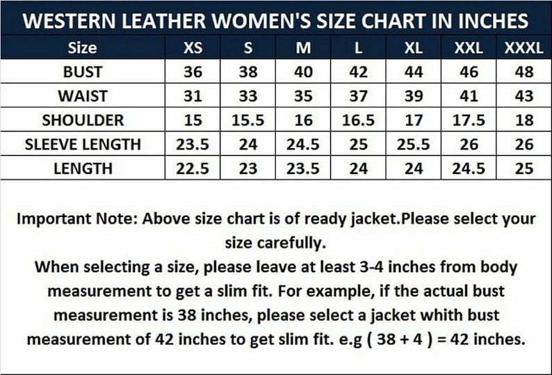 K&ouml;nnte beinhalten: Eine Gr&ouml;&szlig;entabelle f&uuml;r eine Lederjacke mit dunkelblauer Kopfzeile mit der Aufschrift WESTERN LEATHER SIZE CHART IN INCHES. Sie listet Ma&szlig;e f&uuml;r Brust, Taille, Schulter, &Auml;rmell&auml;nge und Gesamtl&auml;nge in Zoll f&uuml;r die Gr&ouml;&szlig;en XS bis XXXL auf.