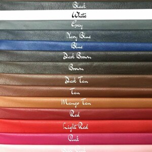 May include: A colour chart of leather swatches in various colours, including black, white, grey, navy blue, blue, dark brown, brown, dark tan, tan, mango tan, red, light red, pink, and white.