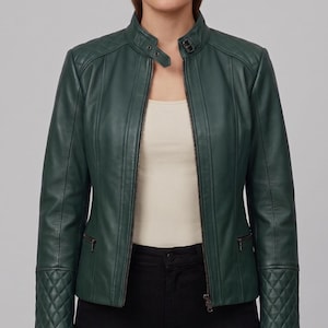 Army green quilted lambskin leather military jacket. Women's olive moto outerwear.