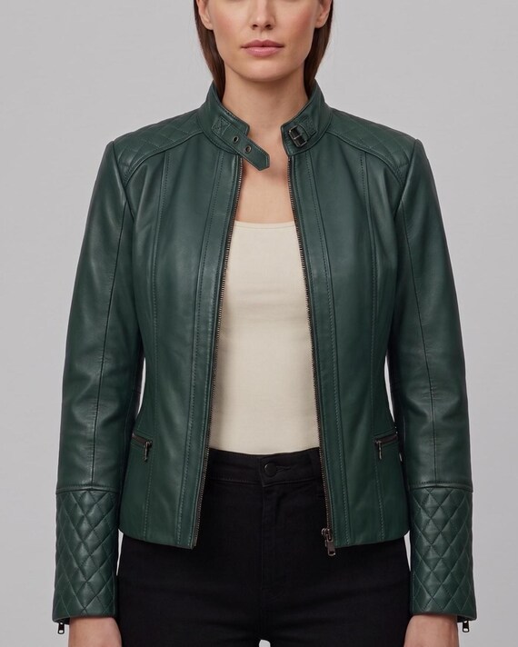 Green Leather Jacket Women | Military Jacket Women | Quilted Jacket Women | Army Green Jacket Women | Olive Green Jacket | Moto Jacket Women