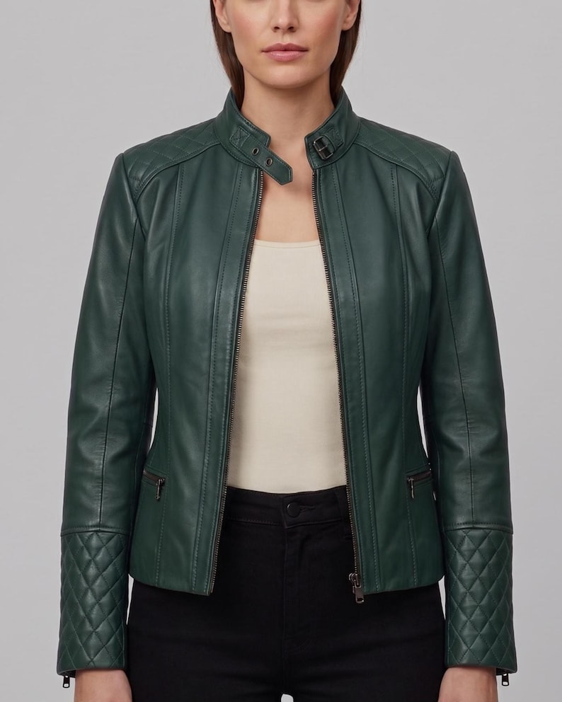 Army green quilted lambskin leather military jacket. Women's olive moto outerwear.