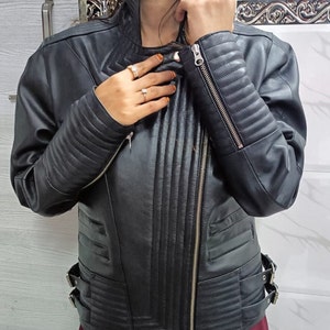 Women's Lambskin BLACK Leather BIKER Jacket, QUILTED Style Motorcycle Jacket, Warm Winter Ladies Real Leather Jacket, Beautiful Long Sleeves
