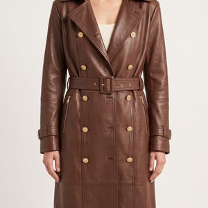 Brown lambskin leather long trench coat. Women's belted outerwear birthday gift.