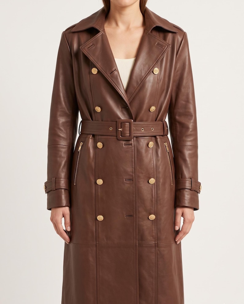 Brown lambskin leather long trench coat. Women's belted outerwear birthday gift.