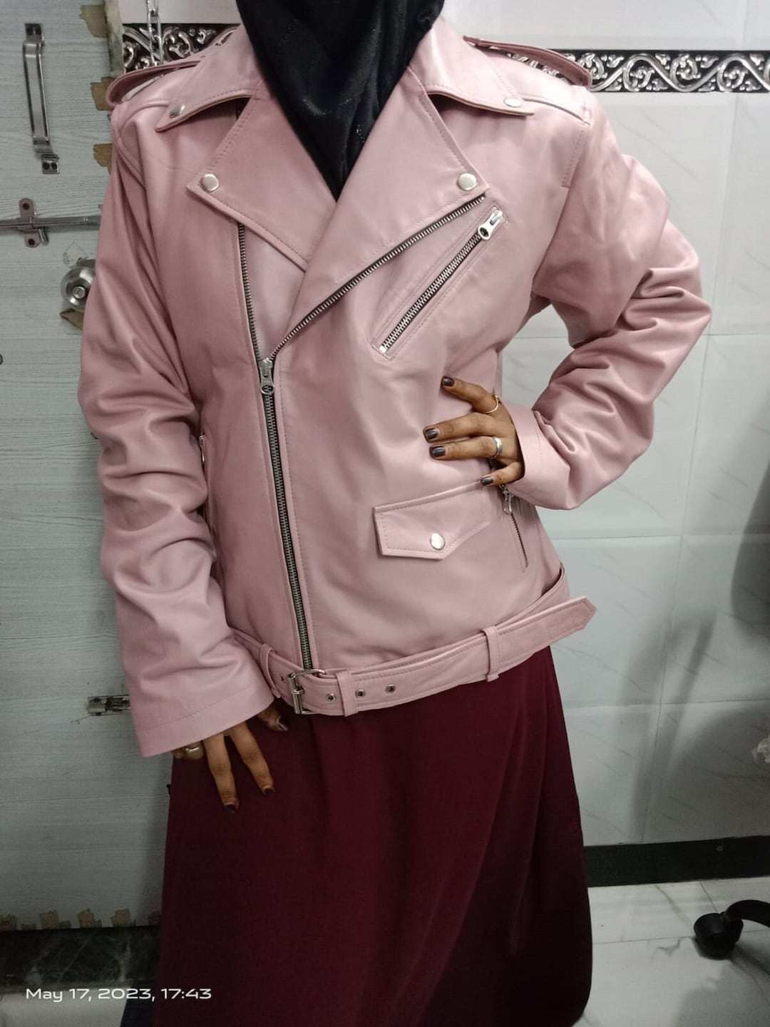 Crazy Girl Lace Ribbon Smoky Pink Black Leather Jacket