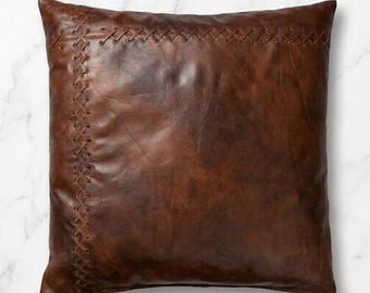 Antique Brown Lambskin Leather Pillow Cover | Braided Decorative Throw Covers for Living Room | Lumbar Cover With CRISS CROSS Stitch