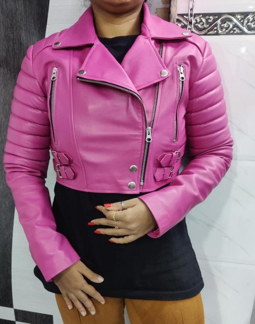 New Womens HOT PINK Leather Jacket Shrug BIKER Leather Jacket Quilted