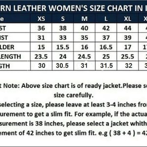 May include: A size chart for a jacket with a table listing measurements in inches for bust, waist, shoulder, sleeve length, and total length across sizes XS to XXXL. It includes instructions to add 3-4 inches to body measurements for a slim fit.