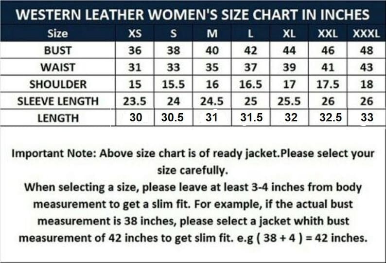 May include: A size chart for a jacket with a table listing measurements in inches for bust, waist, shoulder, sleeve length, and total length across sizes XS to XXXL. It includes instructions to add 3-4 inches to body measurements for a slim fit.